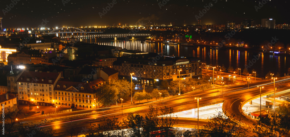 Beautiful panorama of  Bratislava Downtown.View of night town.Cityscape at twilight.Traveling concept background.The landscape of the old historical city.Architecture,  buildings Slovakia,Europe