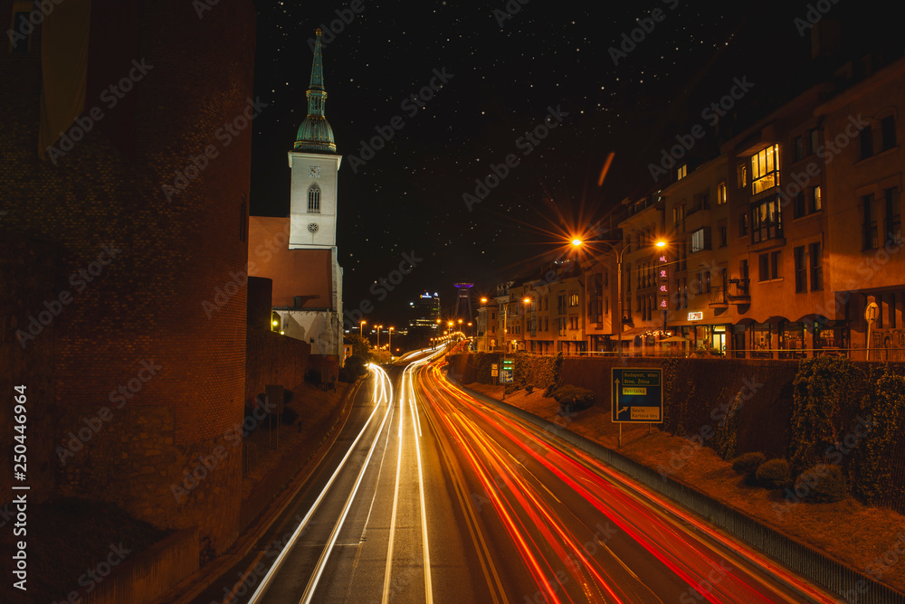Beautiful panorama of  Bratislava Downtown.View of night town.Cityscape at twilight.Traveling concept background.The landscape of the old historical city.Architecture,  buildings Slovakia,Europe