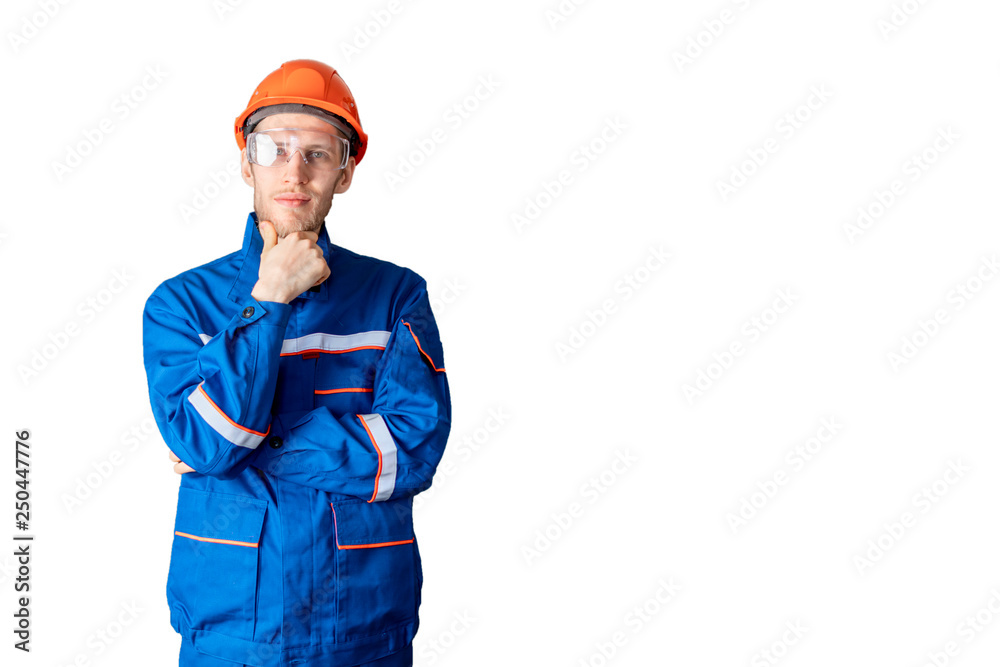 portrait of happy worker in blue uniform and helmet isolated on white background b portrait of happy worker in blue uniform and helmet isolated on white background b
