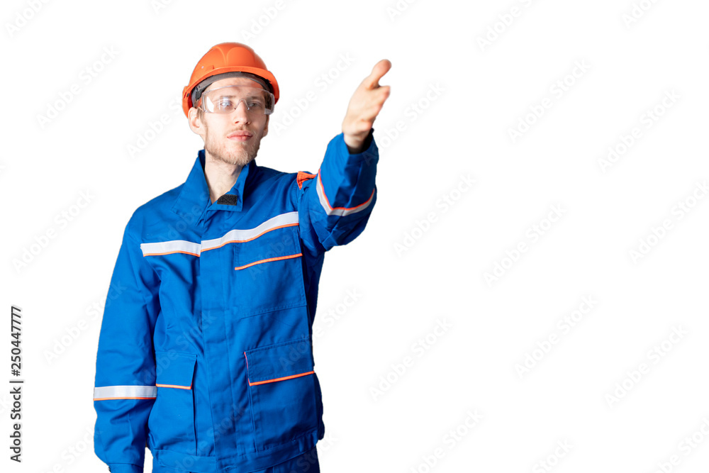 portrait of happy worker in blue uniform and helmet isolated on white background b portrait of happy worker in blue uniform and helmet isolated on white background b