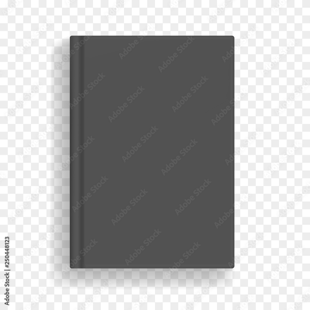 Black rectangular vector blank black realistic book mockup, closed organizer or notebook cover template with sheet of A4. Front view of elegant gray notepad or photobook with binding mock up Black rectangular vector blank black realistic book mockup, closed organizer or notebook cover template with sheet of A4. Front view of elegant gray notepad or photobook with binding mock up