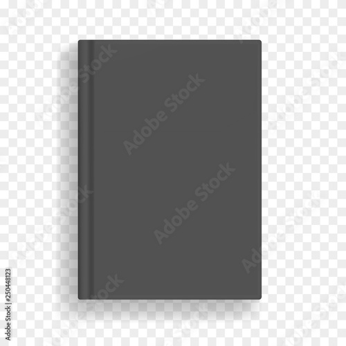 Black rectangular vector blank black realistic book mockup, closed organizer or notebook cover template with sheet of A4. Front view of elegant gray notepad or photobook with binding mock up