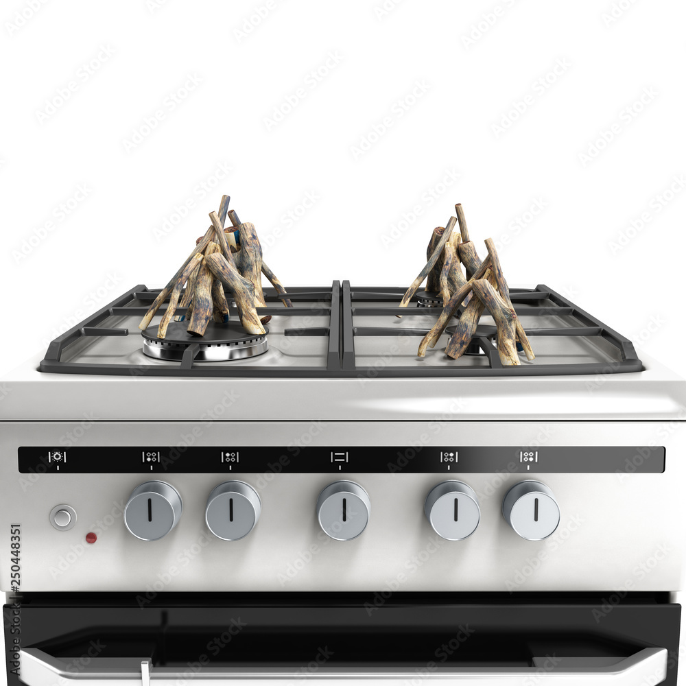 the concept of forced savings on utilities Gas stove with wood on the burners 3d render white background
