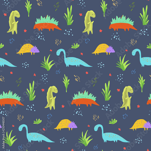 Fototapeta Naklejka Na Ścianę i Meble -  Cute dark blue seamless pattern with bright colorful dinosaurs for kids textile. Childish texture with diplodocus, tyrannosaurs, triceratops characters for children cloth, wrapping paper, background