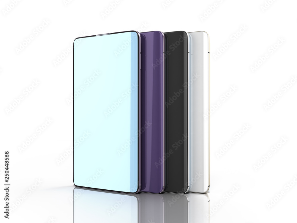Modern full screen smart phones random color 3d render on white Modern full screen smart phones random color 3d render on white