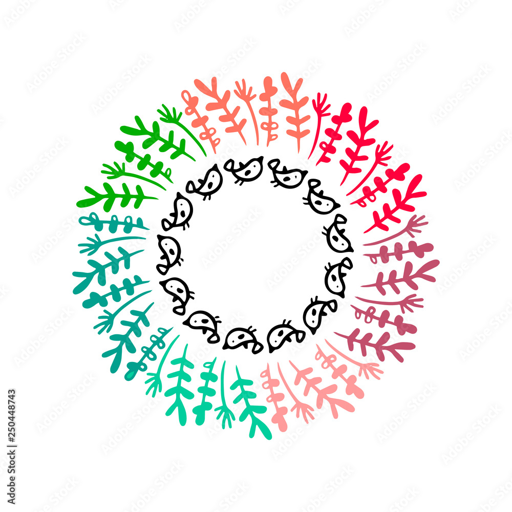 Rainbow colors pastel hand drawn illustration with birds mandala Rainbow colors pastel hand drawn illustration with birds mandala