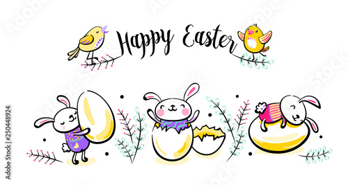 Happy Easter greeting card, poster with cute smiling surprise rabbit scene, bunny, broken egg and chick characters. Vector illustration in hand drawing sketch outline style