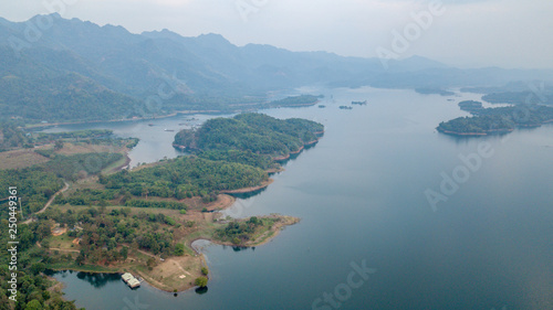 Khao Laem National Park at at Pom Pee viewpoint of Vajiralongkorn dam in Kanchanaburi, Thailand. Photo on aerial view from drone during sunset.