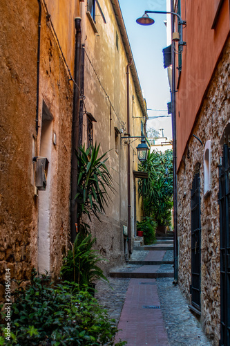 Fototapeta Naklejka Na Ścianę i Meble -  Kleine Gasse in der mittelalterlichen Altstadt von Cervo in Ligurien Italien	