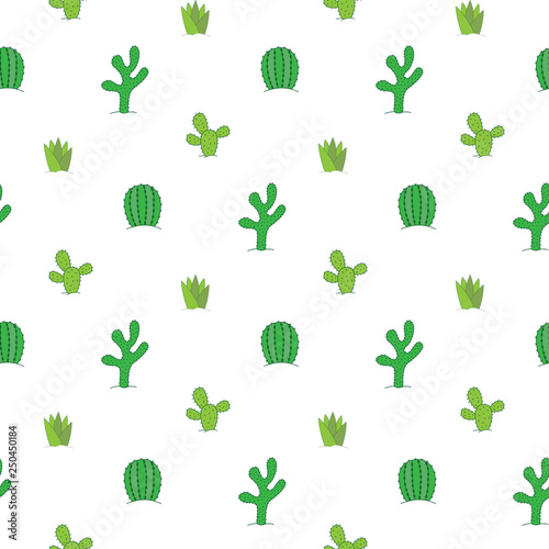 Seamless pattern of green varied cacti on a white background.