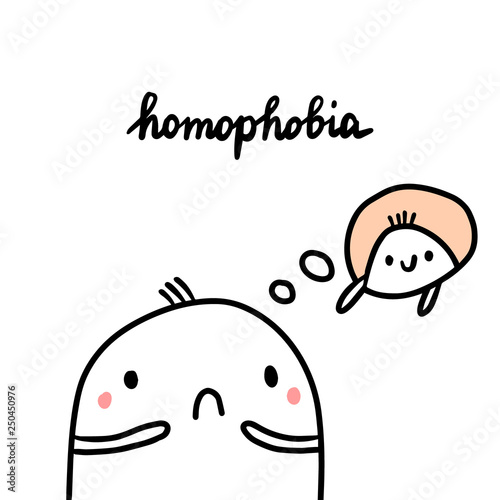 Homophobia hand drawn illustration with cute marshmallow afraid of another men
