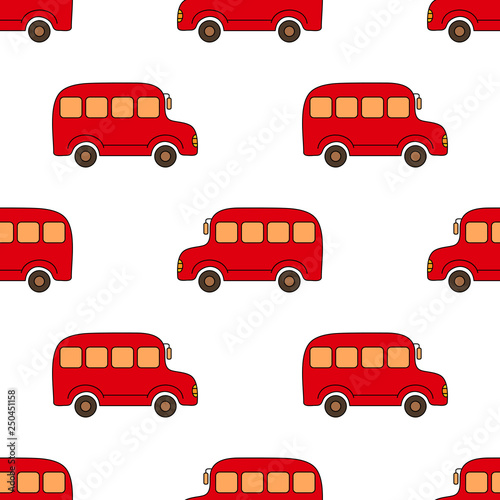 Seamless pattern with buses in red on a light background.