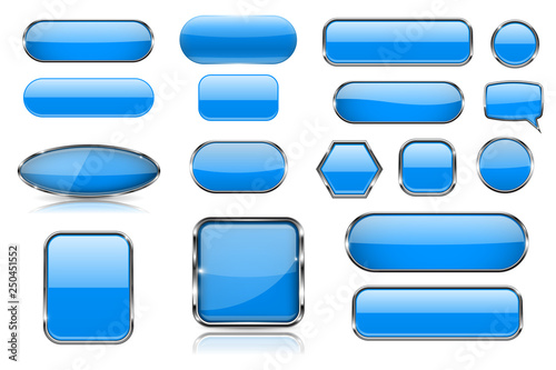 Blue glass buttons. Collection of 3d icons with and without chrome frame