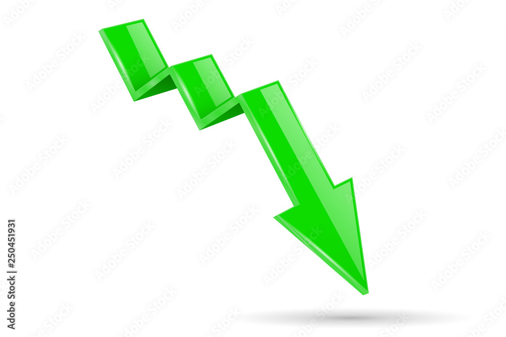 Green indication arrow. Moving down 3d financinal sign Green indication arrow. Moving down 3d financinal sign
