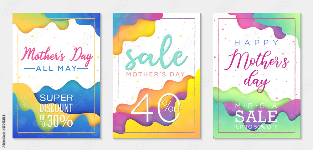 Collection of three sale coupons to Mothers Day. Paper cut style templates for business