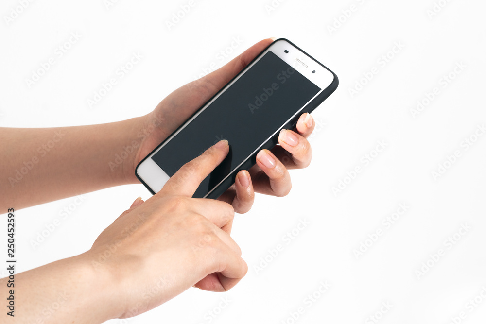 hand girl with social network smartphone on white isolated background hand girl with social network smartphone on white isolated background