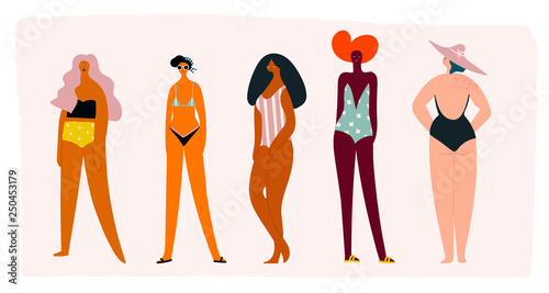 Five girls dressed in trendy swimsuits standing in various poses. Girl power concept. Female cartoon characters. Hand drawn colored vector set. All elements are isolated