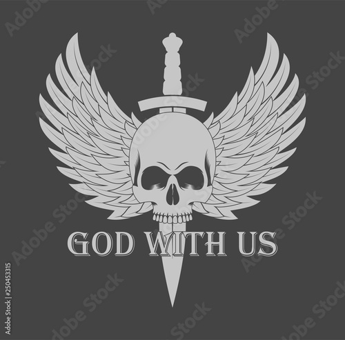 Illustration of a skull with wings dagger and text