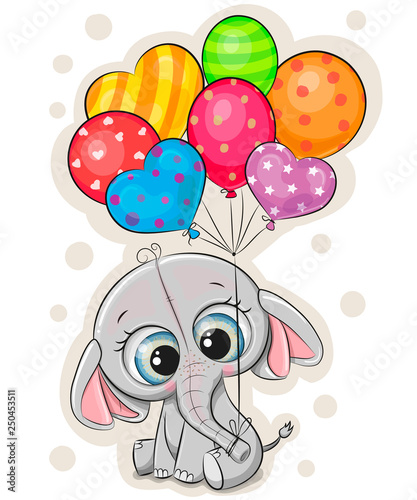 Cartoon elephant with balloons on white background