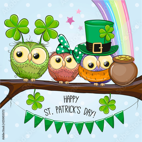St Patricks greeting card with three owls