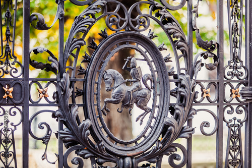 Entrance gate closeup. Church of St Michael the Archangel and St Stanislaus Bishop and Martyr and Pauline Fathers Monastery (Skalka) in Krakow, Poland