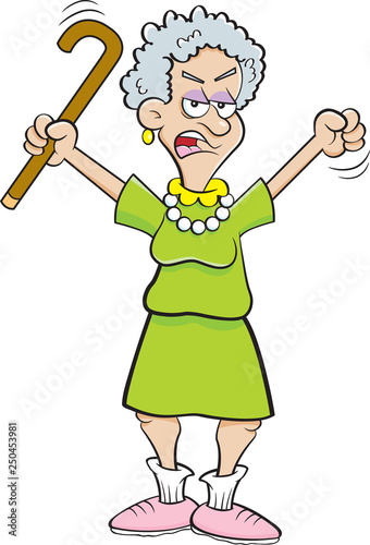 Cartoon illustration of an angry senior citizen shaking a cane.