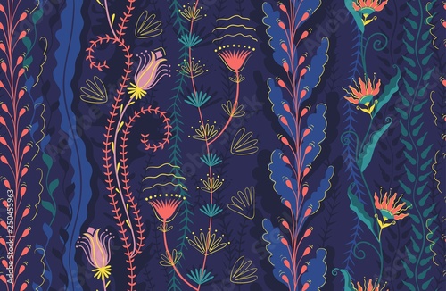 Seamless pattern, colored seaweed and flowers. Deep water algae coral pink, blue, purple and yellow colors. Vector graphic background with marine theme, coral reef. Flat style illustration