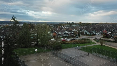 lANGLEY BC CANADA NEIGHBOURHOOD HOUSING, BASKETBALL COURT (AERIAL DRONE SHOT)