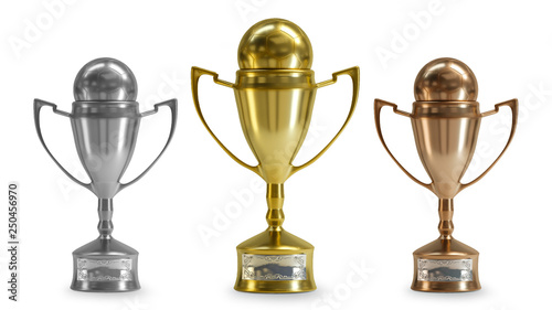 Gold, silver and bronze trophy cup SOCCER FOOTBALL 3D render illustration isolated on white background. 3D image.