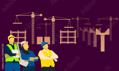engineering male female standing looking at sky front of the constructor. vector illustration eps10