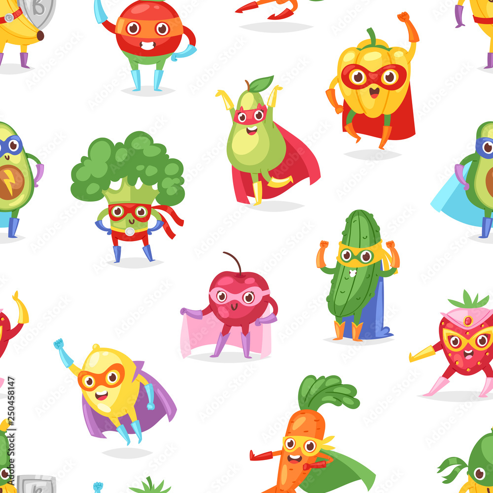 Obraz premium Superhero fruits vector fruity cartoon character of super hero expression vegetables with funny banana carrot or pepper in mask illustration fruitful vegetarian set background