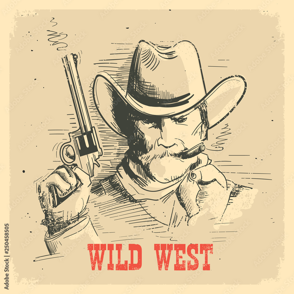 Portrait man in cowboy hat with gun. Gunslinger wild west old poster