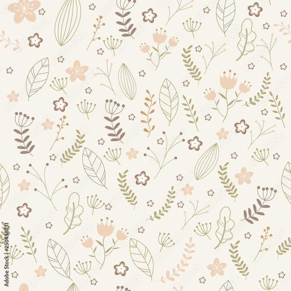 Vector floral pattern in doodle style with flowers and leaves.