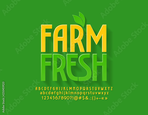 Vector green emblem Farm Fresh with decorative leaves. Flat modern Font. Bright Alphabet Letters, Numbers and Symbols