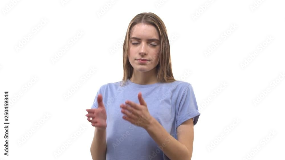 Slow motion upset good-looking blond caucasian female getting disappointed let down, gloomy touching face depressed, exhaling heavily, feeling down, losing missing opportunity, white background Slow motion upset good-looking blond caucasian female getting disappointed let down, gloomy touching face depressed, exhaling heavily, feeling down, losing missing opportunity, white background