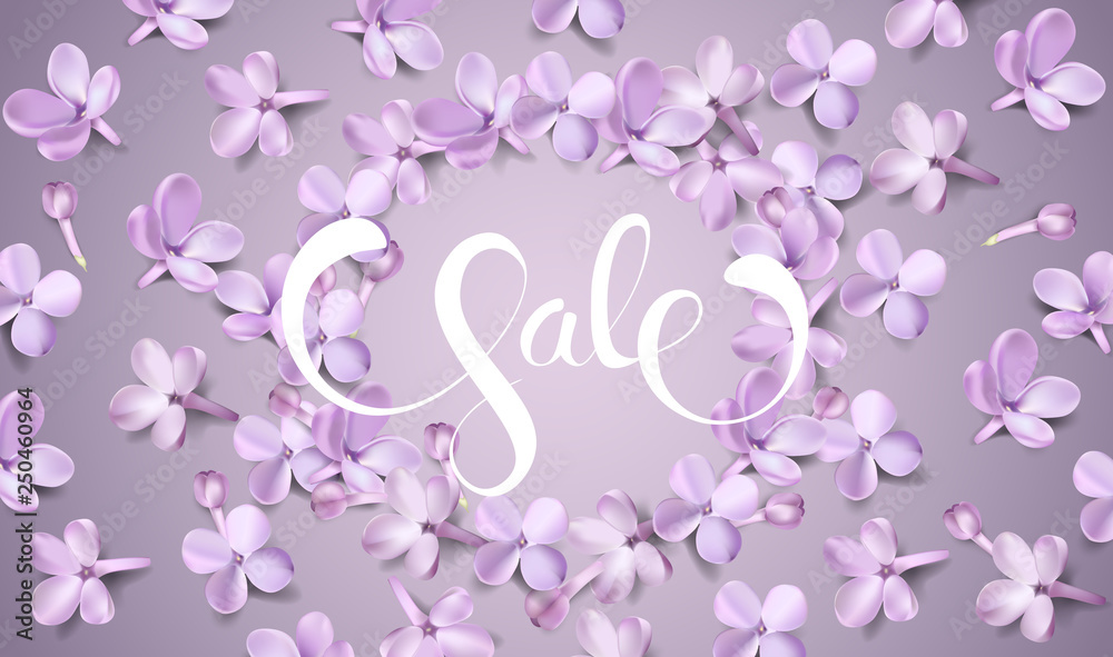 Spring Sale promotion background with purple lilac flower petals and lettering vector wide illustration. For advertising cards, flyer, banner, poster, coupon or brochure paper