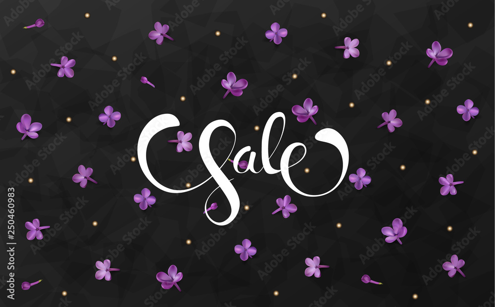 Spring Sale promotion background with purple lilac flower petals and lettering vector black golden illustration. For advertising cards, flyer, banner, poster, coupone or brochure paper