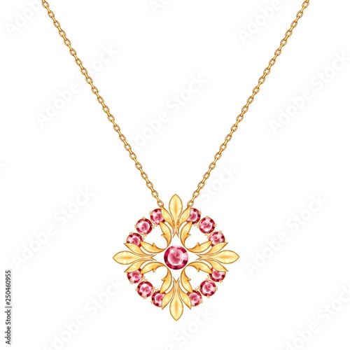 Golden chain necklace with round pendant. Jewelry design isolated on white