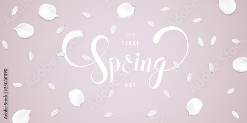Spring elegant background with purple lilac flower petals and romantic lettering vector illustration. Design template for print poster, sticker, web banner or desktop wallpaper