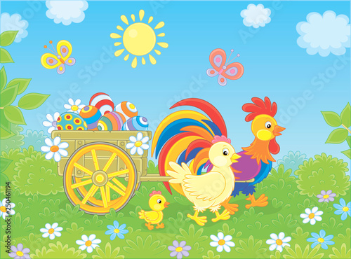 Small wooden cart with painted Easter eggs pulled by a colorful rooster with a hen and their little chick  vector illustration in a cartoon style