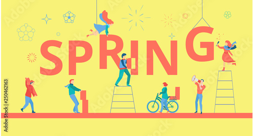 Spring yellow poster with happy people building figures.