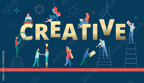 Blue creative poster with people working together. Teamwork, art and design.