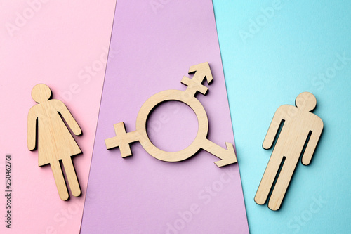 Bild auf Leinwand Female and male figures with symbol of transgender on color background