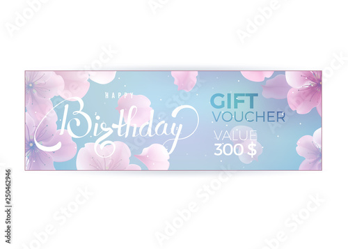 Happy Birthday background template with flower petals and lettering.
