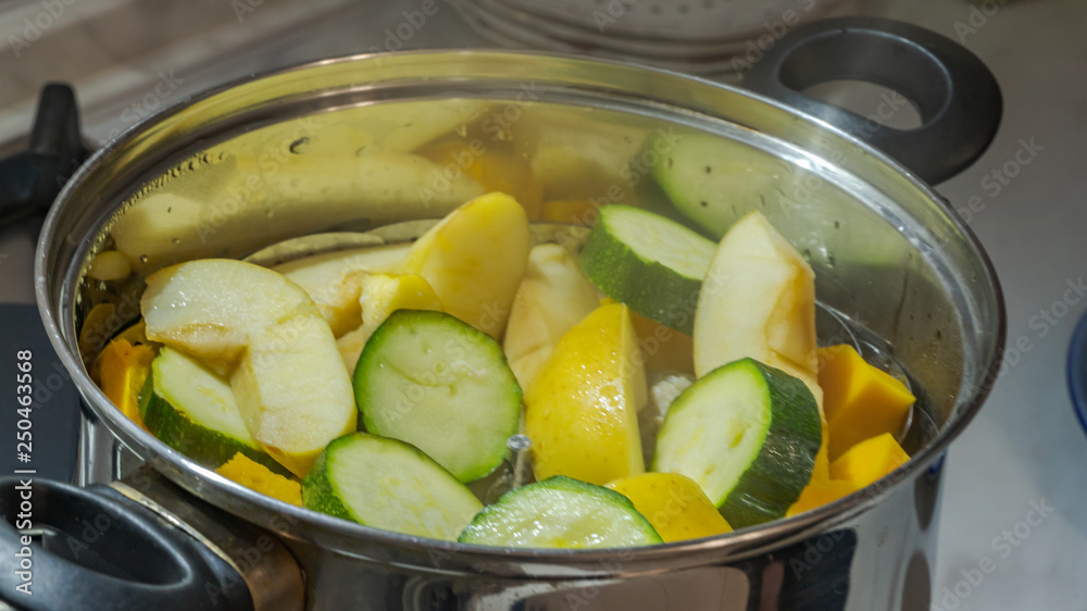 vegetables and fruits are in the double boiler