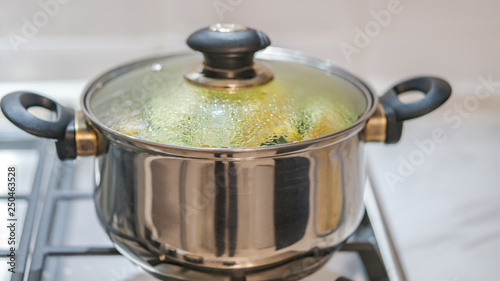 pan with vegetables on the gas stove, steam food