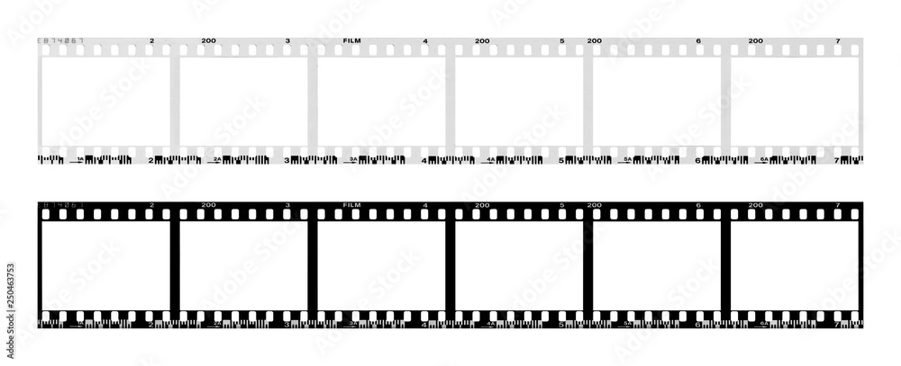 film strip template with frames, empty black and white 135 type (35mm) in negative and positive isolated on white background with work path. film strip template with frames, empty black and white 135 type (35mm) in negative and positive isolated on white background with work path.