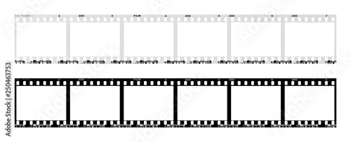 film strip template with frames, empty black and white 135 type (35mm) in negative and positive isolated on white background with work path.