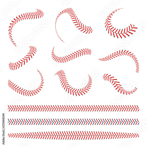 Baseball laces set. Baseball stitches with red threads. Sports graphic elements and seamless brushes. Red laces and stitches
