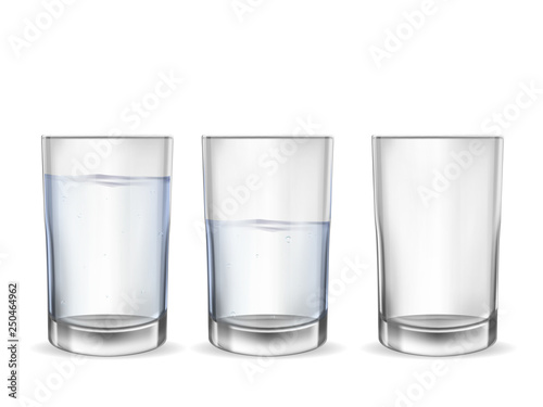 Realistic empty glass with water cup set.